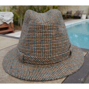 Vintage 1980's Mens Hat Fedora Wool Tan Green Plaid R Reddington 23" SZ L Tweed